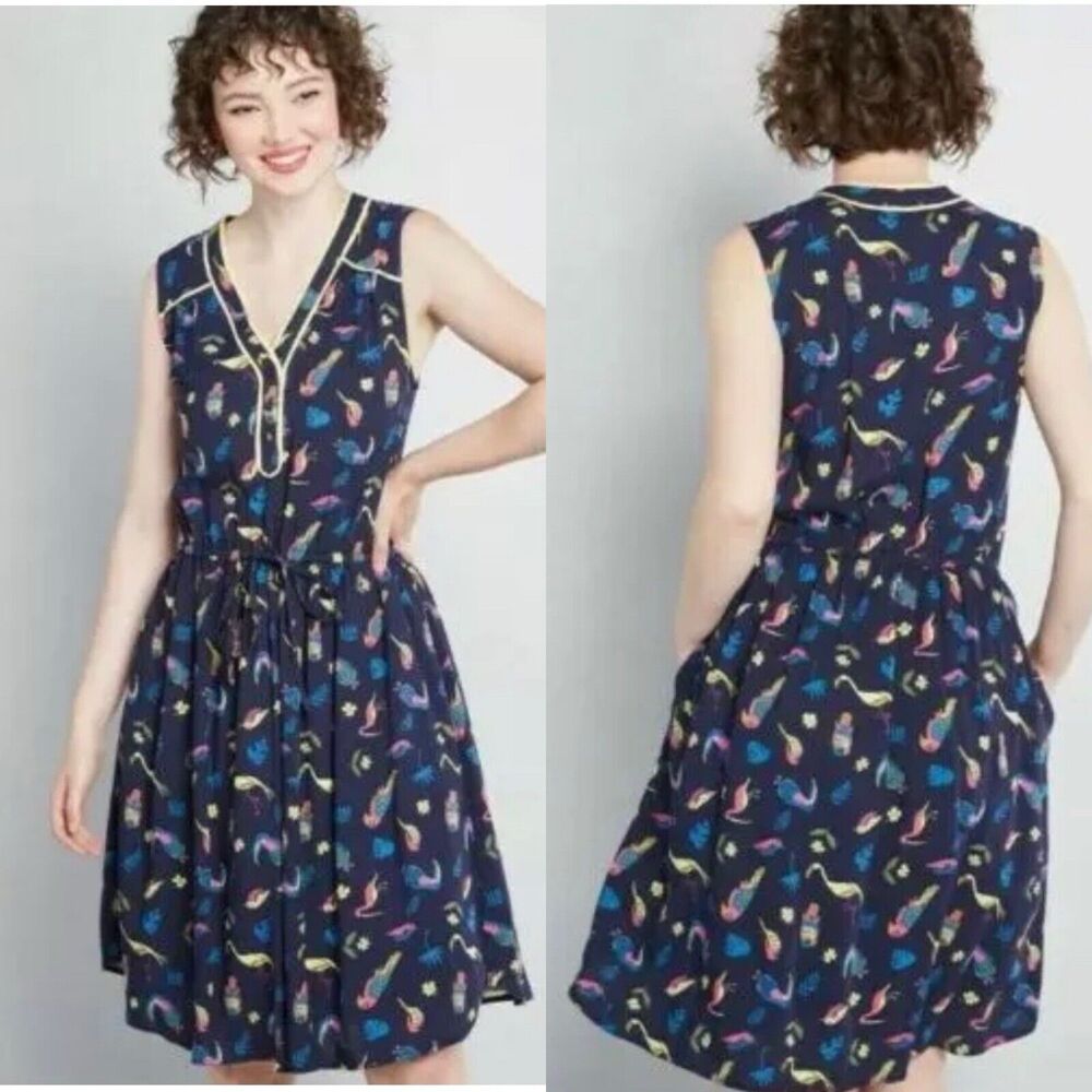 ModCloth Cafe Au Soleil Tropical Birds Dress XS Navy Blue Coconut Girl Coastal